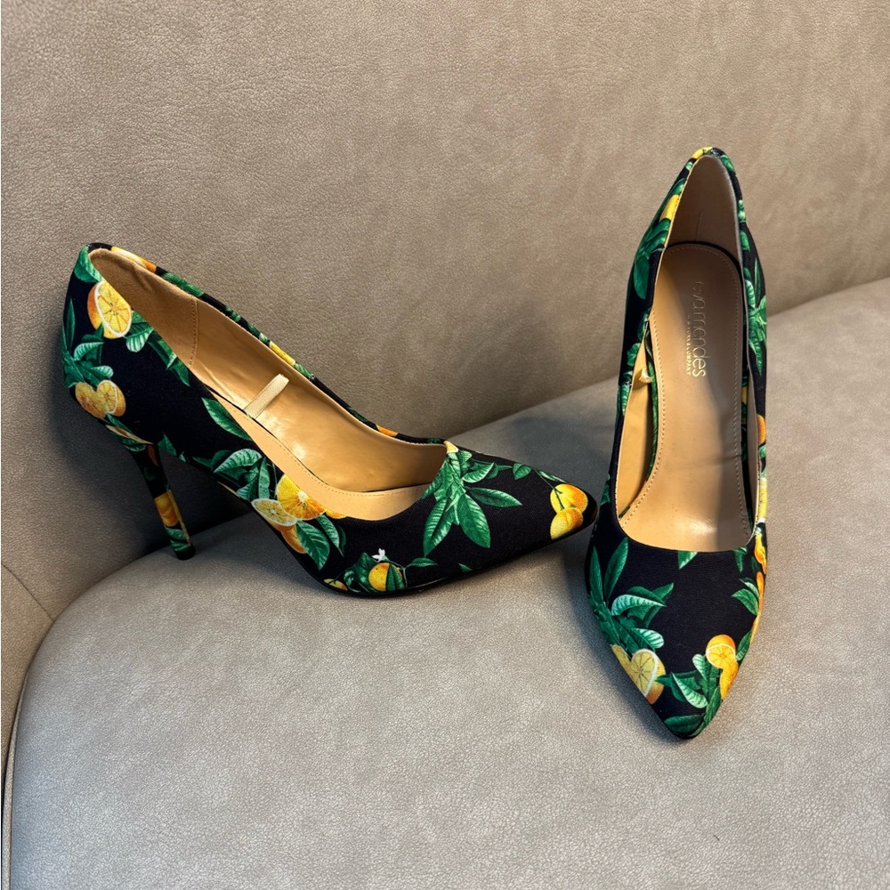 Eva Mendes Black and Green Heels with Tropical Print